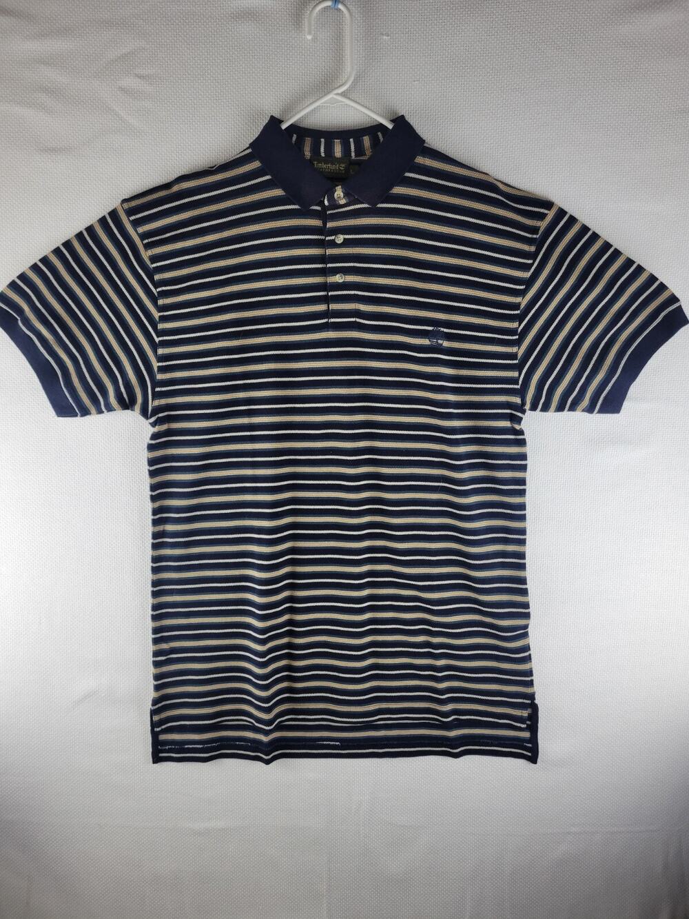Timberland Polo Shirt Men's Size Large Blue Short Sleeve W/ Yellow White Striped
